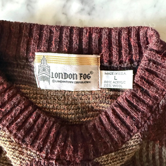 Vintage London Fog Sweater Men’s Large Brown Geometric Wool Blend Retro 90s 80s - Picture 3 of 6